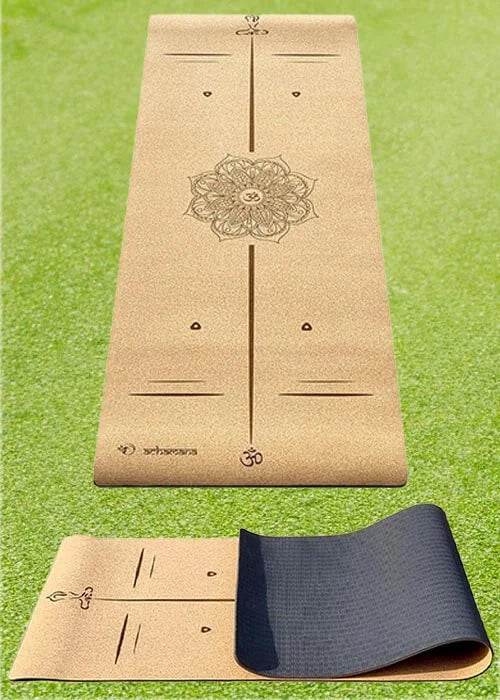Tapis yoga épais 6 mm surface liège pour yoga et Pilates - Tapis yoga mandala lignes de position | Achamana