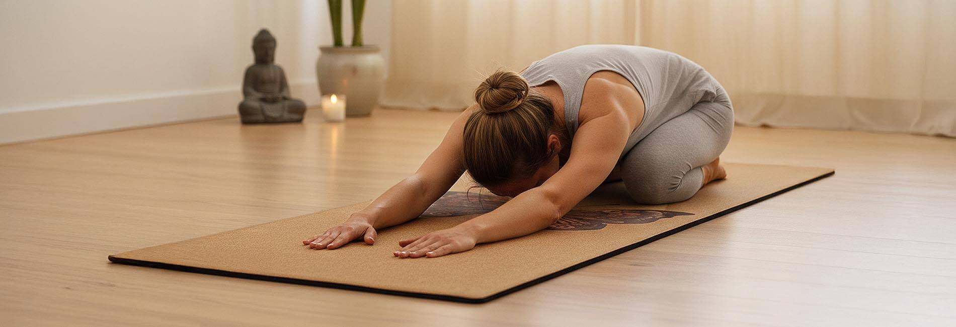Tapis tapis yoga liege et caoutchouc 5mm - posture de l enfant - Achamana
