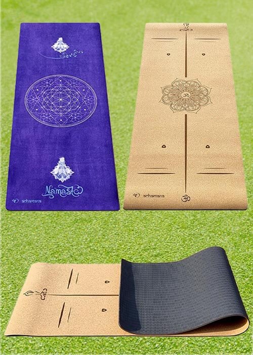 Tapis de yoga épais 6 mm confortable et antidérapant, nouvelle génération 3 plis thermocollés, TPE, caoutchouc, surface liège ou microfibre | Achamana