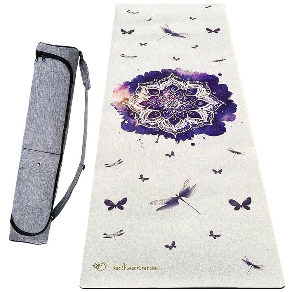 Tapis de yoga éco-responsable en latex et chanvre - Design Rose de Mandala + sac microfibre | Achamana