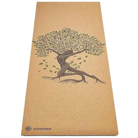 Tapis de yoga liège et caoutchouc naturel grand format - motif Arbre de vie artistique | Achamana