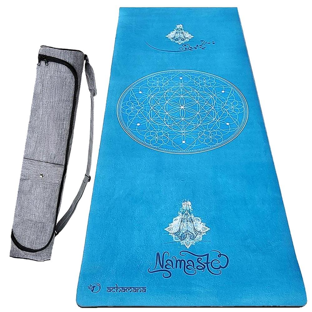 tapis yoga large en épaisseur 6 mm - couleur bleu, design Namasté - avec sac de yoga étanche| Achamana
