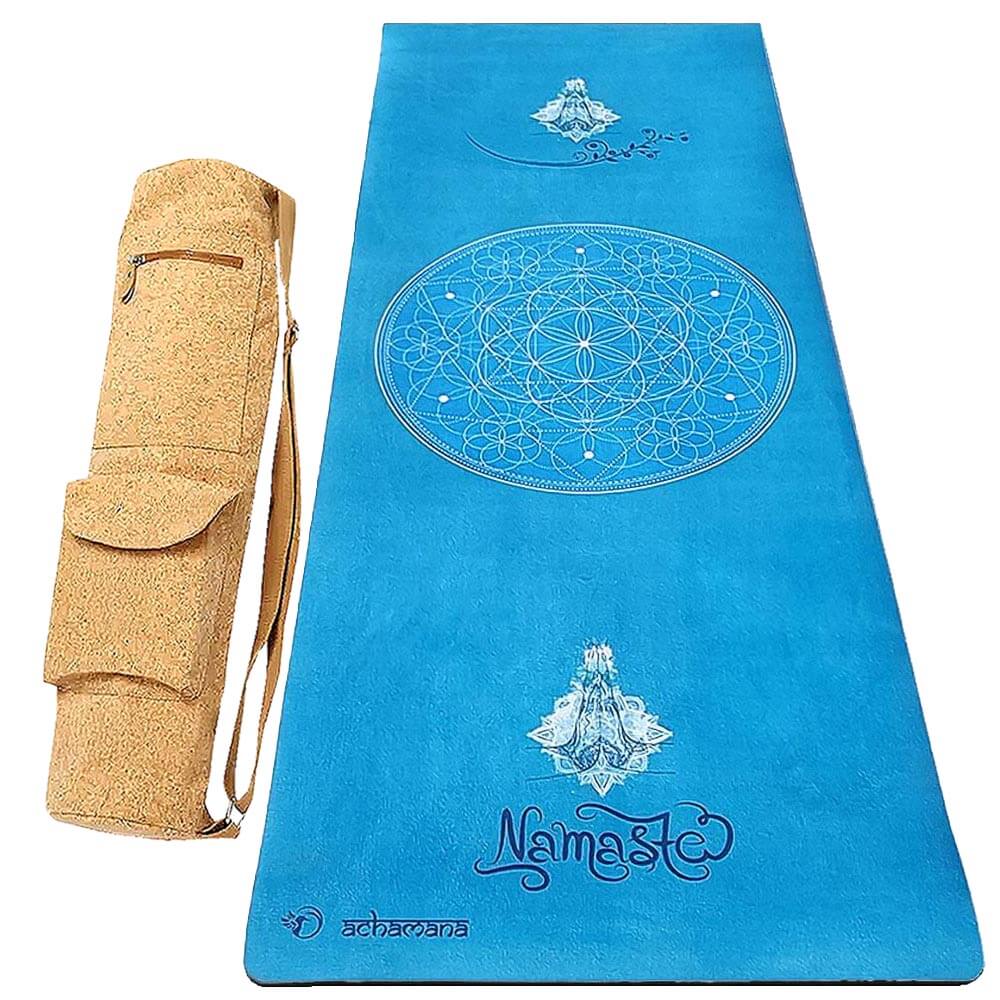 tapis de sol yoga - épaisseur 6 mm, couleur bleu, design Namasté - avec sac yoga en liège | Achamana