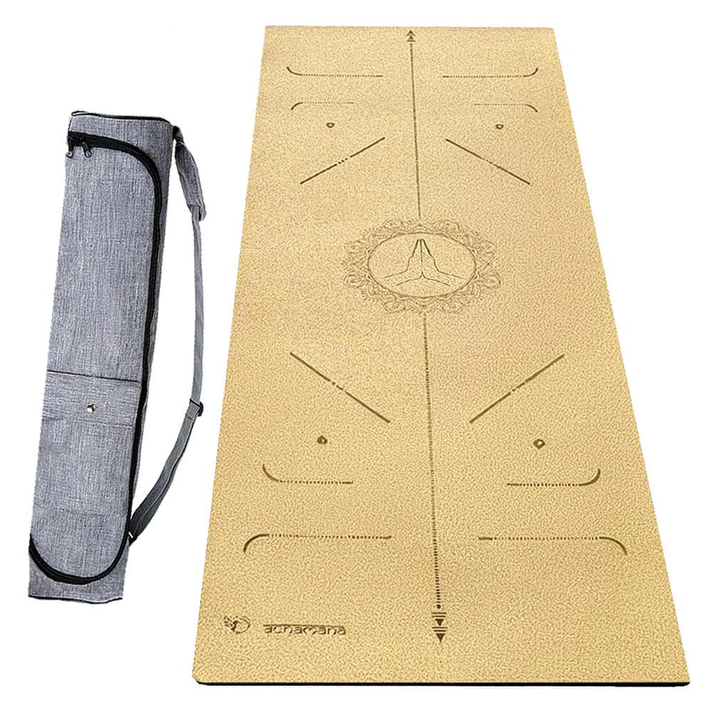 Tapis de yoga épais en liège + sac de yoga - Yoga débutant - lignes position | 