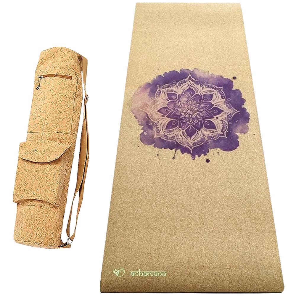 Tapis de yoga ecoologique en liège - design rose de Mandala + sac yoga en liège | Achamana
