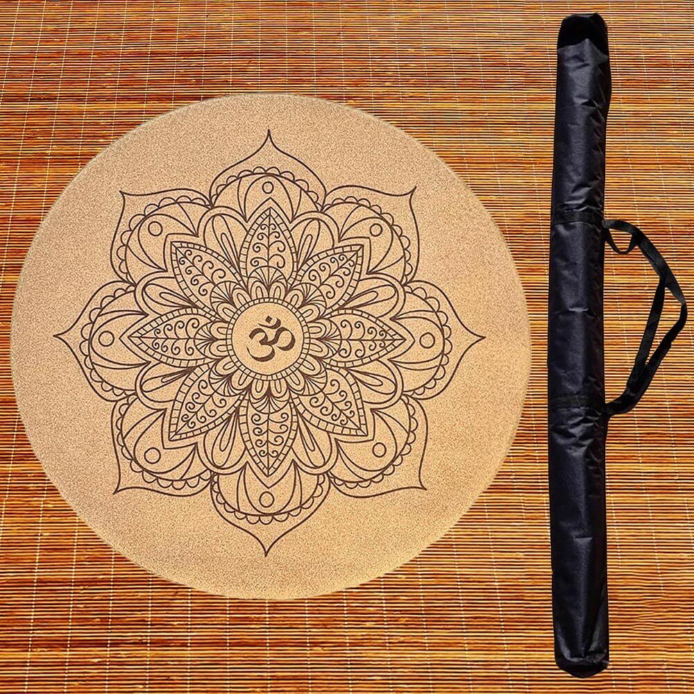 Grand tapis de yoga rond liege et latex design mandala Om + sac de transport | Achamana