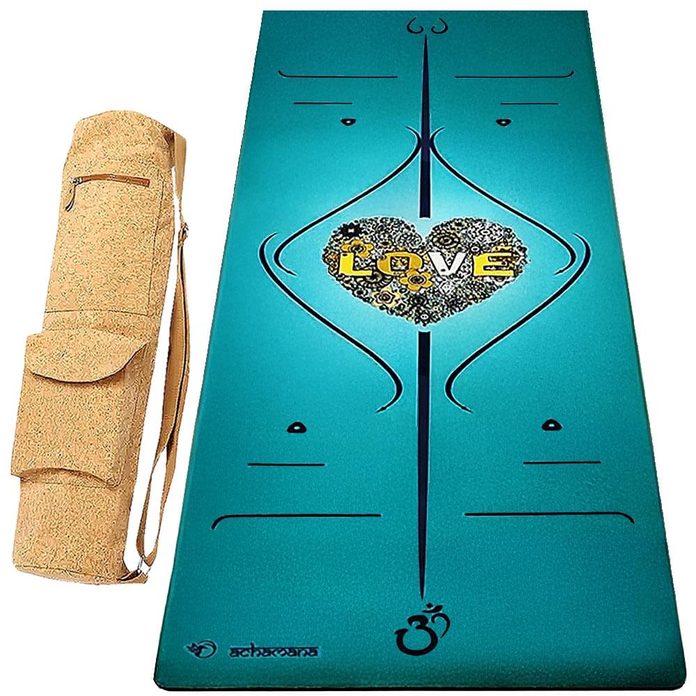 tapis yoga antidérapant - épaisseur 6 mm, couleur vert, lignes de position - Avec sac yoga en liège | Achamaba