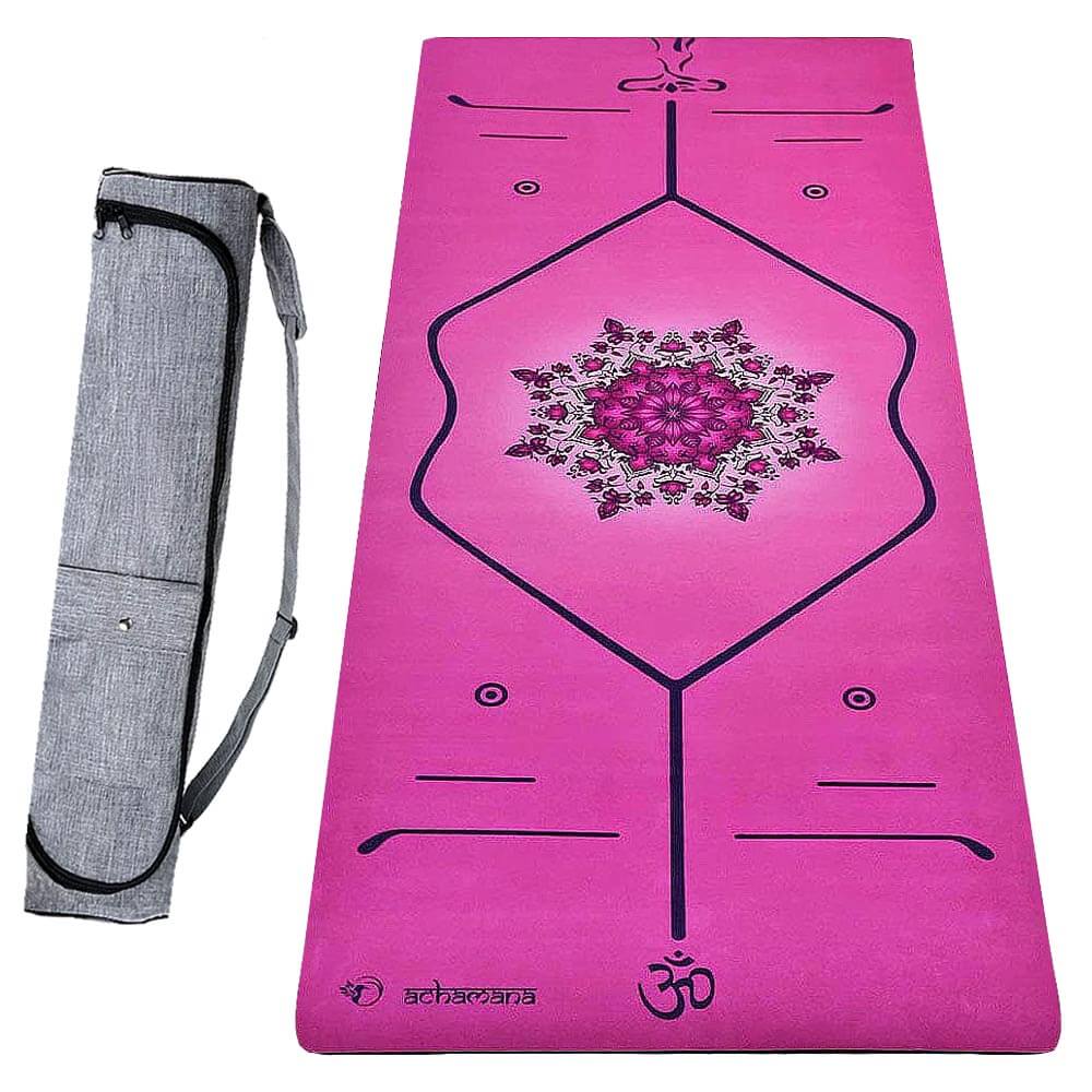 tapis pour yoga - épaisseur 6 mm, couleur rose, lignes position- avec sac de yoga | Achamana