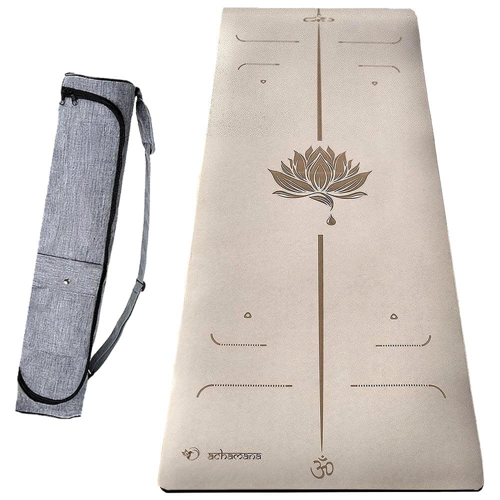Tapis de yoga antidérapant - couleur crème - design lotus et bodylines + sac de transport | Achamana