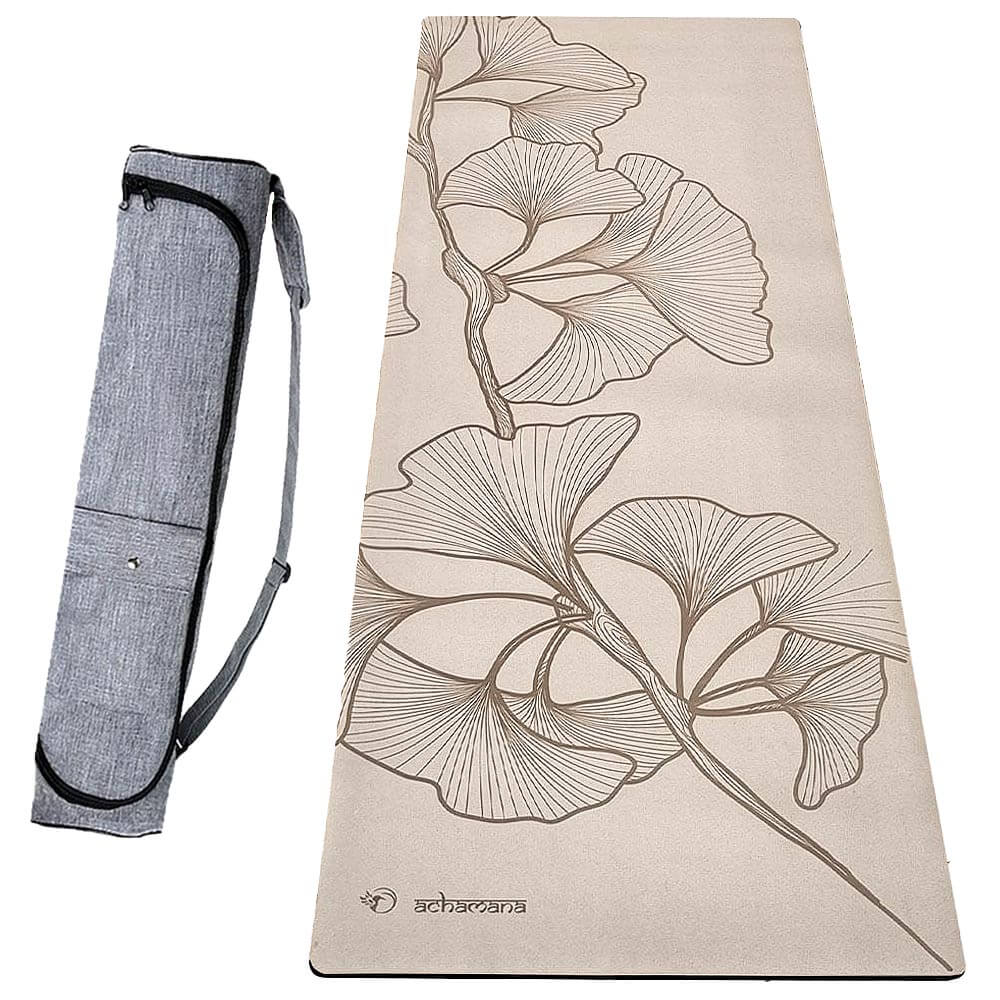 Tapis yoga vinyasa 5 mm antidérapant couleur crème - design branche artistique - sac yoga étanche | Achamana
