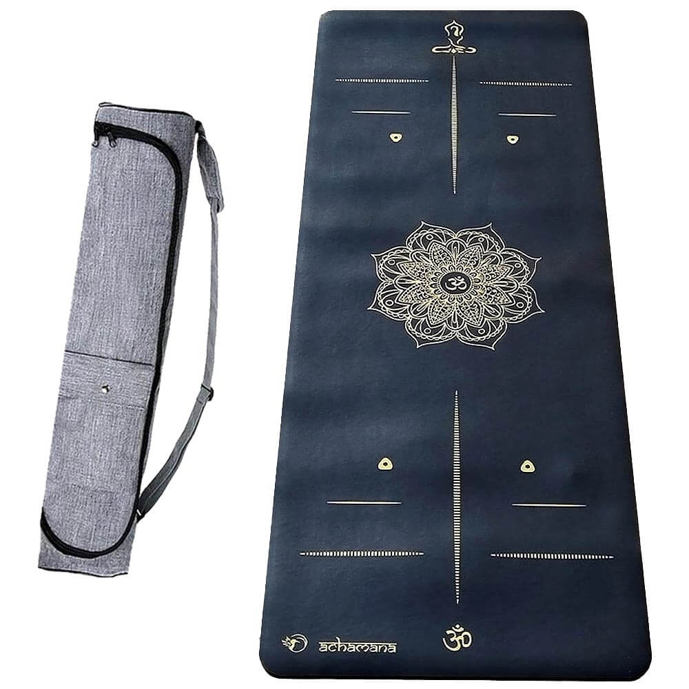 Tapis de yoga éco-responsable en caoutchouc naturel et similicuir - design mandala Om et bodyl ines | Achamana