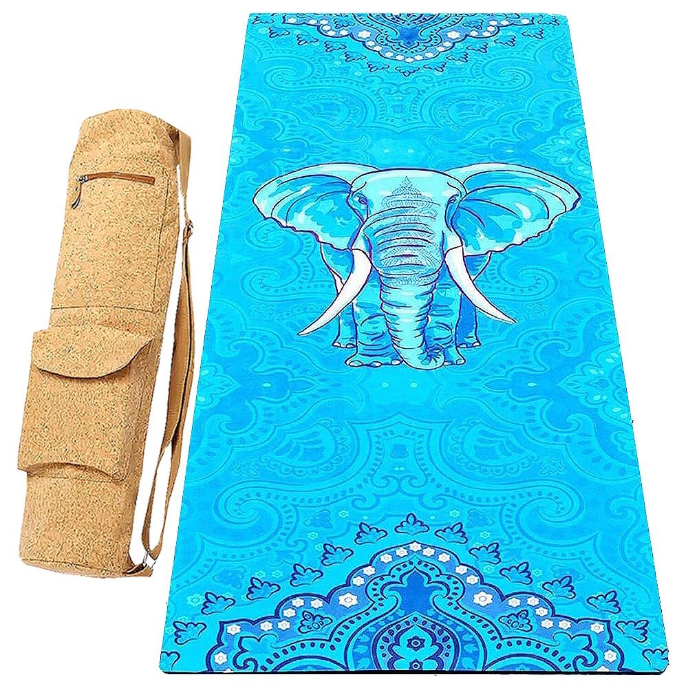 yoga tapis - adhérence et confort, épaisseur 5mm, couleur bleu, design éléphant  + sac yoga liège | Achamana
