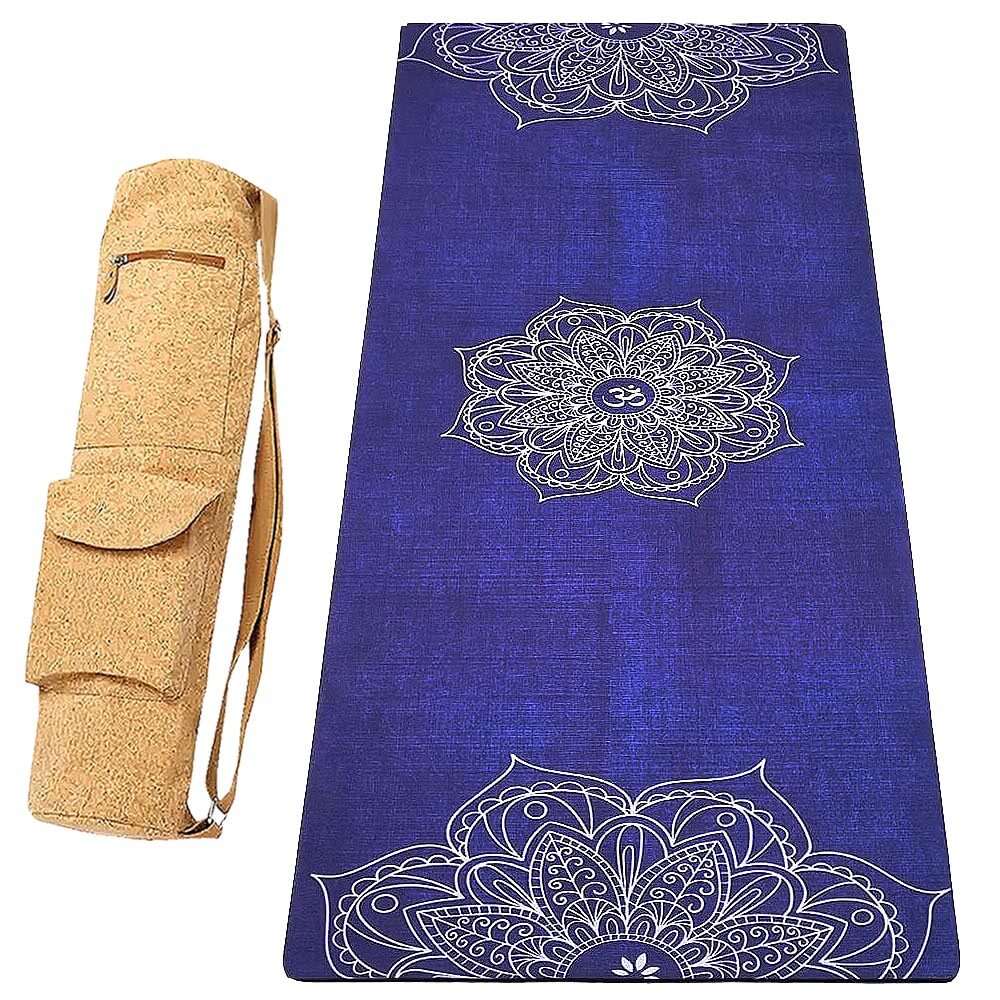Tapis de yoga éco-responsable caoutchouc naturel et microfibre - couleur bleu, design mandala - avec sac de yoga en liège | Achamana