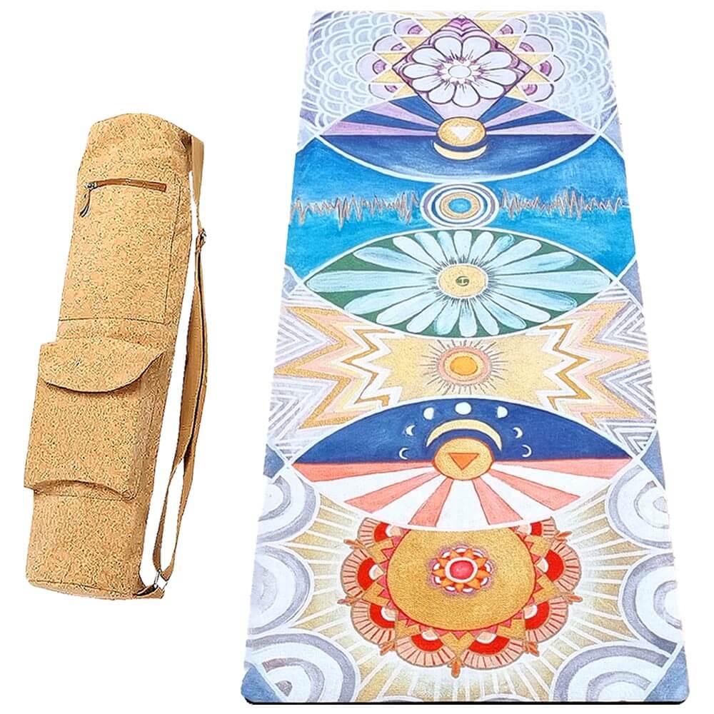 Tapis de yoga design 7 chakras artistiques + Sac pour tapis de yoga en cuir de liège | Achamana