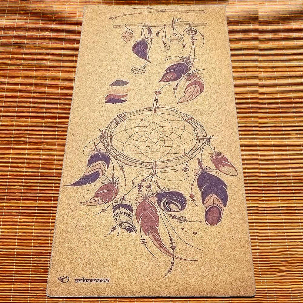 Tapis de yoga naturel en liège et latex - design Attrape rêves | Achamana
