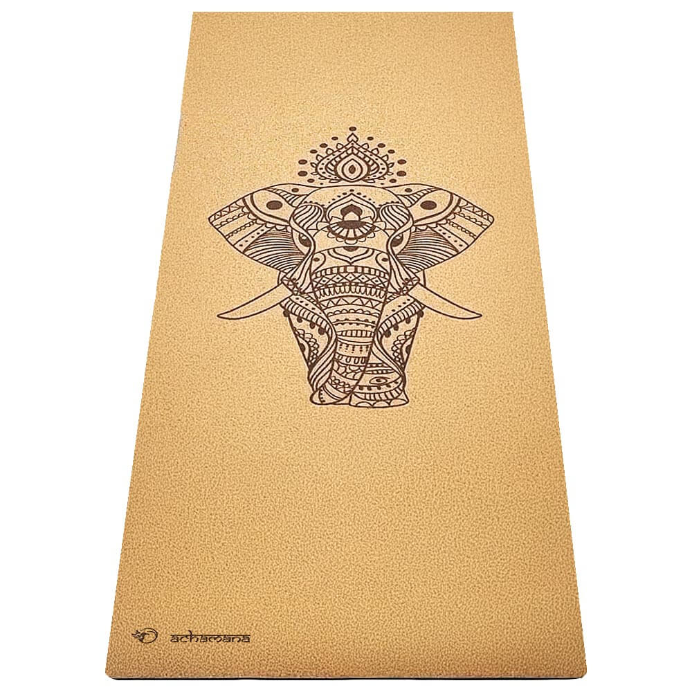 Tapis de yoga naturel en liège et caoutchouc - Motif gravé éléphant | Achamana