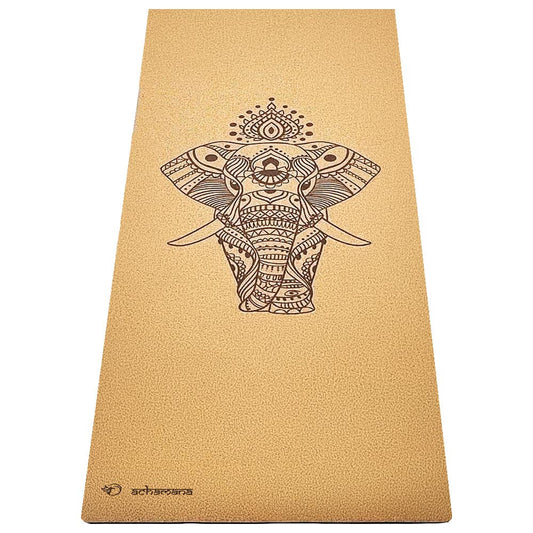 Tapis de yoga naturel en liège et caoutchouc - Motif gravé éléphant | Achamana