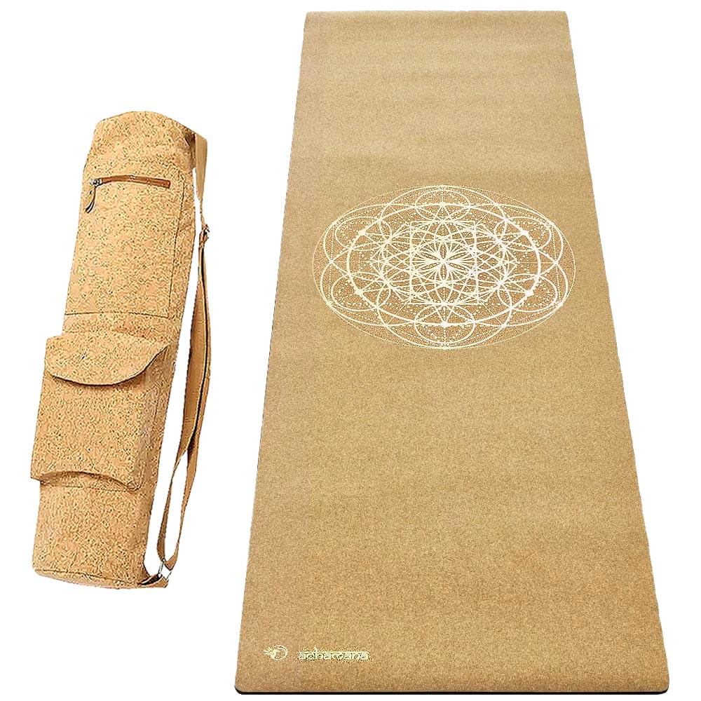 Yoga Marseille - Grand tapis de yoga liège fleur de vie + sac tapis de yoga en liège | Achamana