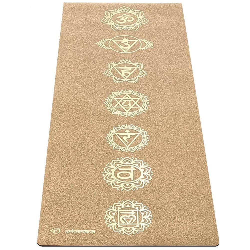 Tapis yoga liege antidérapant - motifs 7 chakras impression Or | Achamana