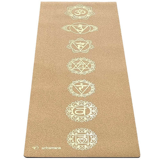 Tapis yoga liege antidérapant - motifs 7 chakras impression Or | Achamana