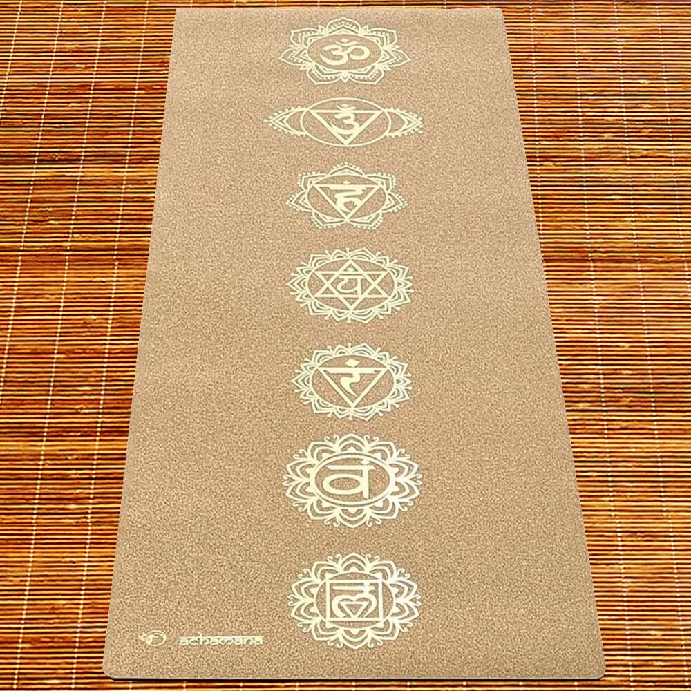 Tapis de yoga épais 6 mm en liège - motifs 7 chakras impression Or | Acham