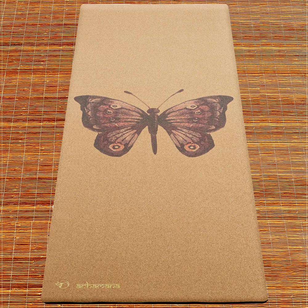 Tapis yoga liege et caoutchouc naturel - motif Papillon - Boutique yoga | Achamana