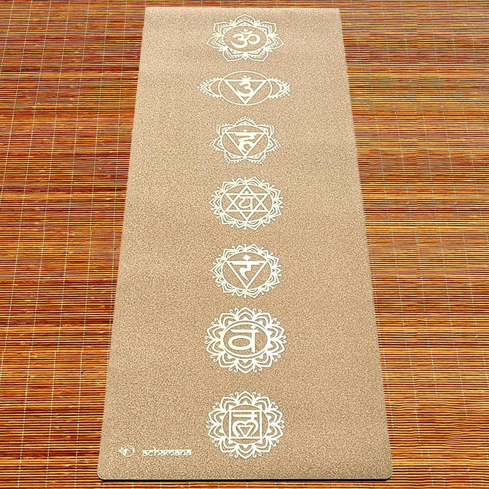 Boutique yoga Annecy - Tapis yoga liege 7 chakras imprimé or | Achamana