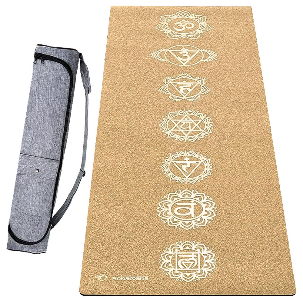 Yoga Paris - Tapis de yoga liège antidérapant 7 chakras Or  + sac pour tapis de yoga | Achamana