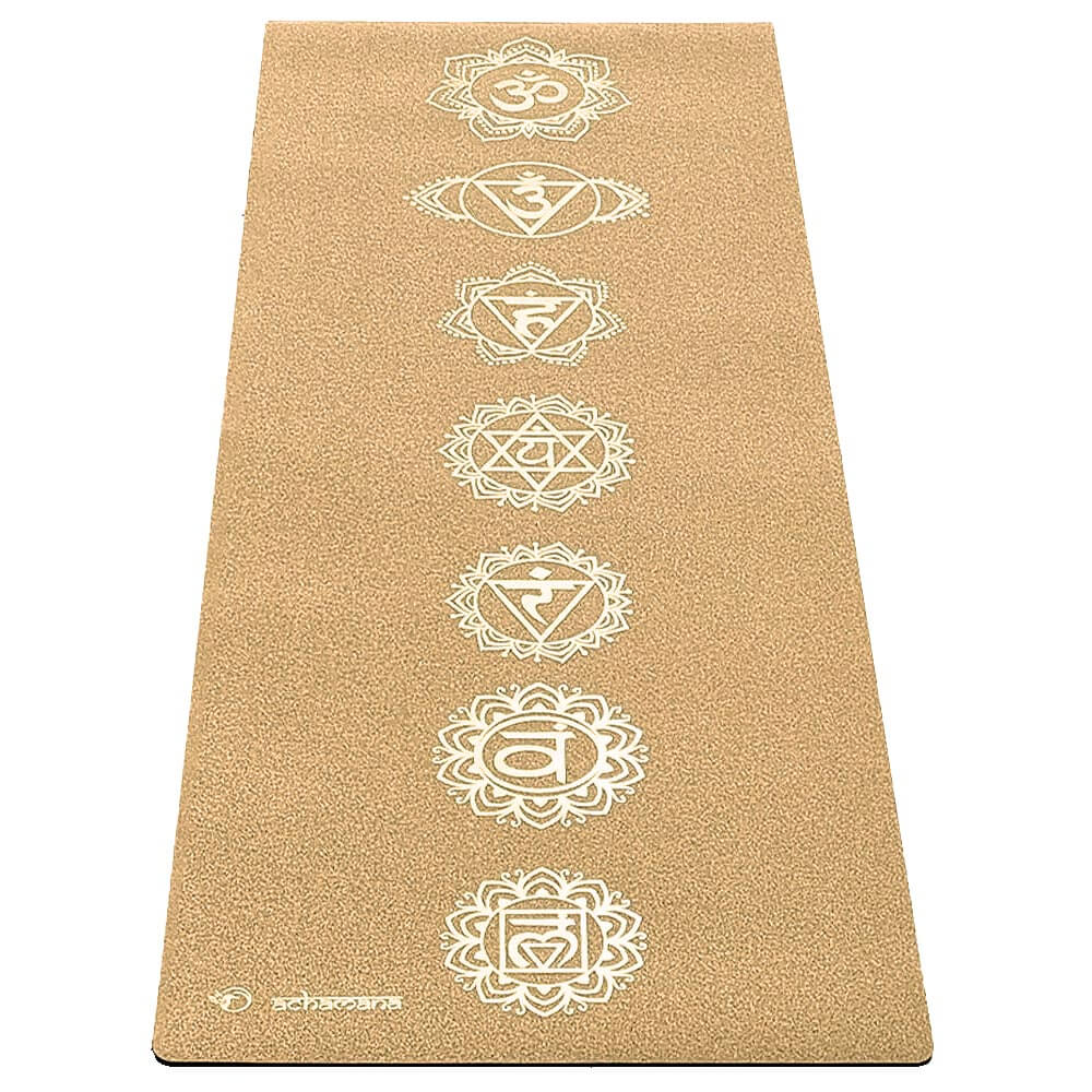 Tapis de yoga antidérapant en liege et caoutchouc naturel 7 chakras Or | Achamana