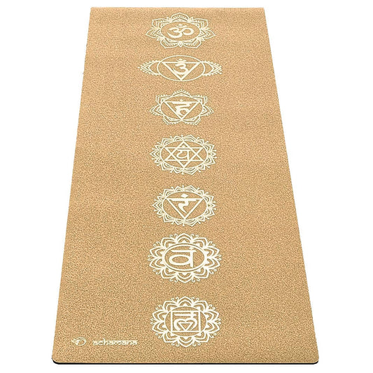 Tapis de yoga antidérapant en liege et caoutchouc naturel 7 chakras Or | Achamana