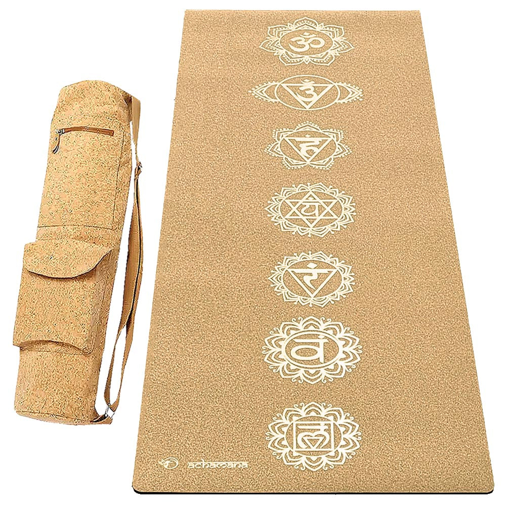 Yoga Strasbourg - Tapis yoga liege et caoutchouc 7 chakras impression  Or + housse tapis de yoga | Achamana