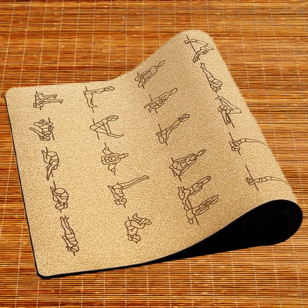 Accessoire yoga - Tapis yoga liege antidérapant roulé - Design postures yoga | Achamana