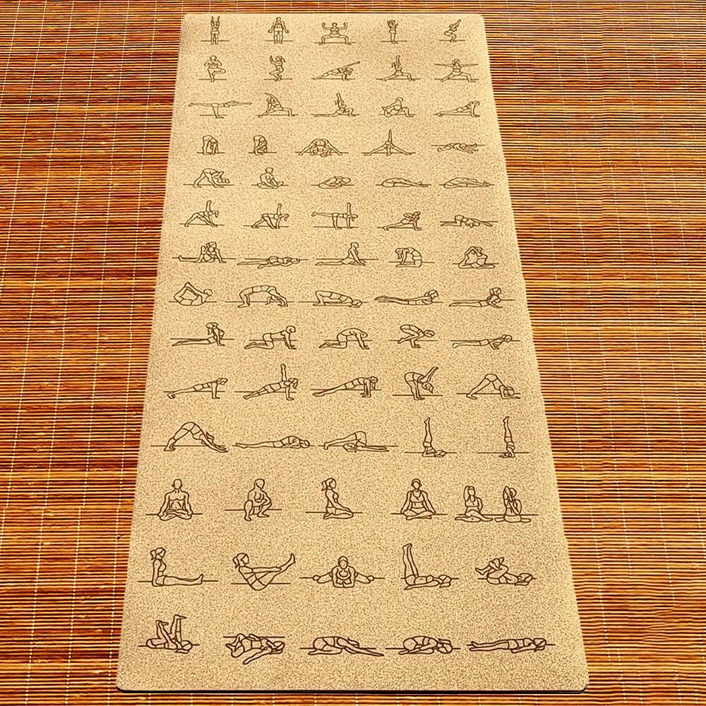 Yoga débutant- Tapis de yoga en liège antidérapant - design postures de yoga | Achamana