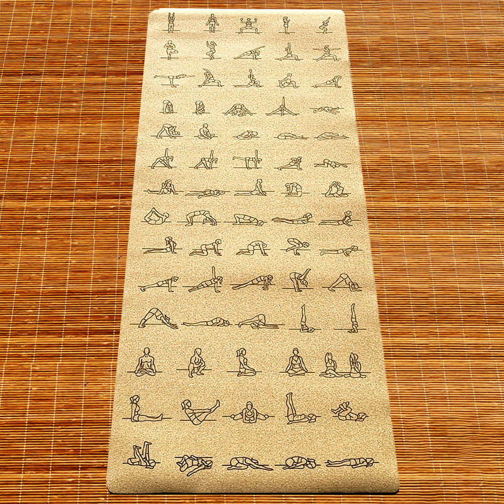 Tapis de yoga antidérapant TPE profilé, Caoutchouc, liège - motifs postures yoga | Achamana