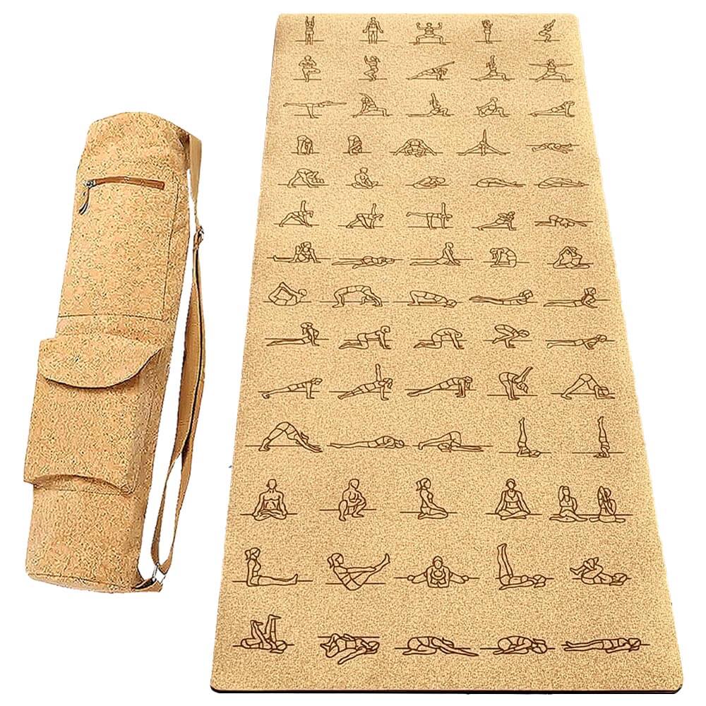 Tapis yoga éco-responsable en liège avec positions gravées + sac yoga en liège | Achamana