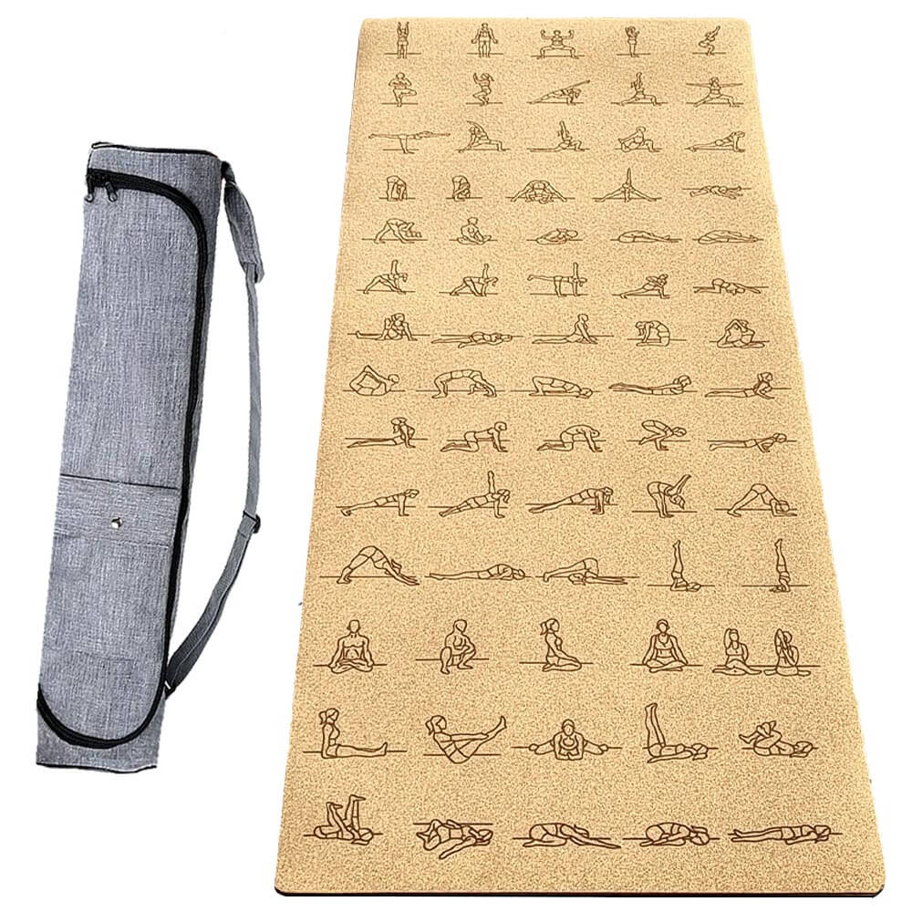 Equipement yoga - tapis yoga débutant en liège - asanas gravées + sac pour yoga | Achamana