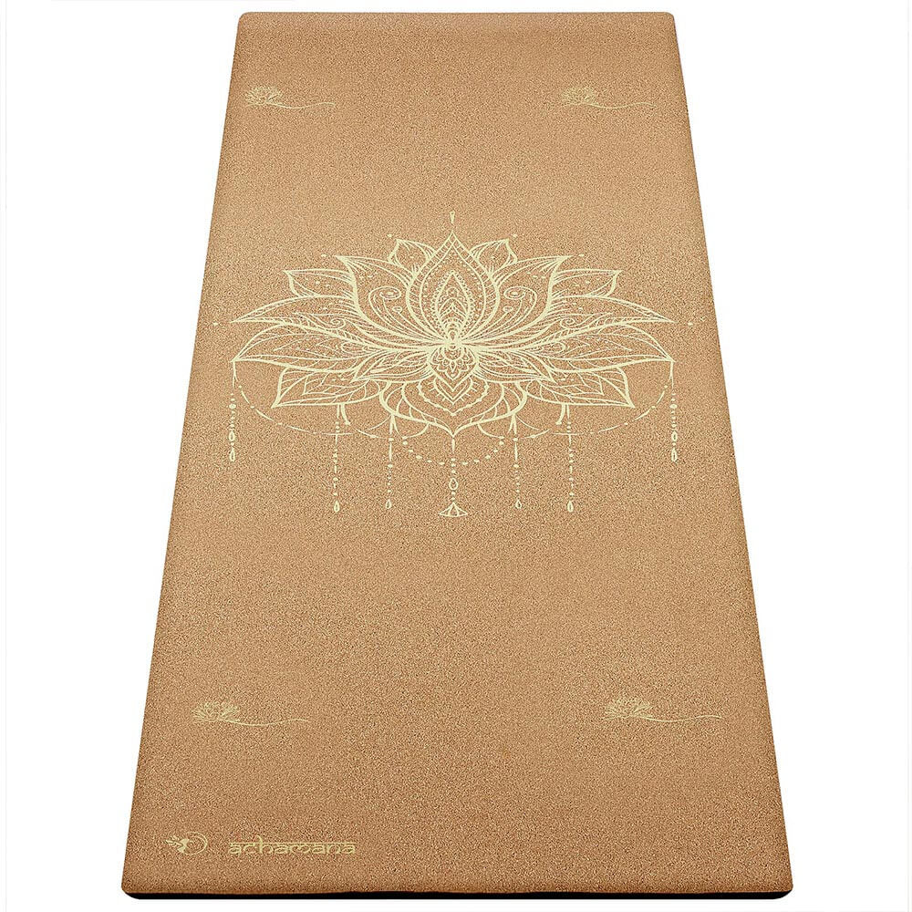 Tapis de yoga en liege et caoutchouc naturel - motif Body line et fleur de lotus impression Or | Achamana