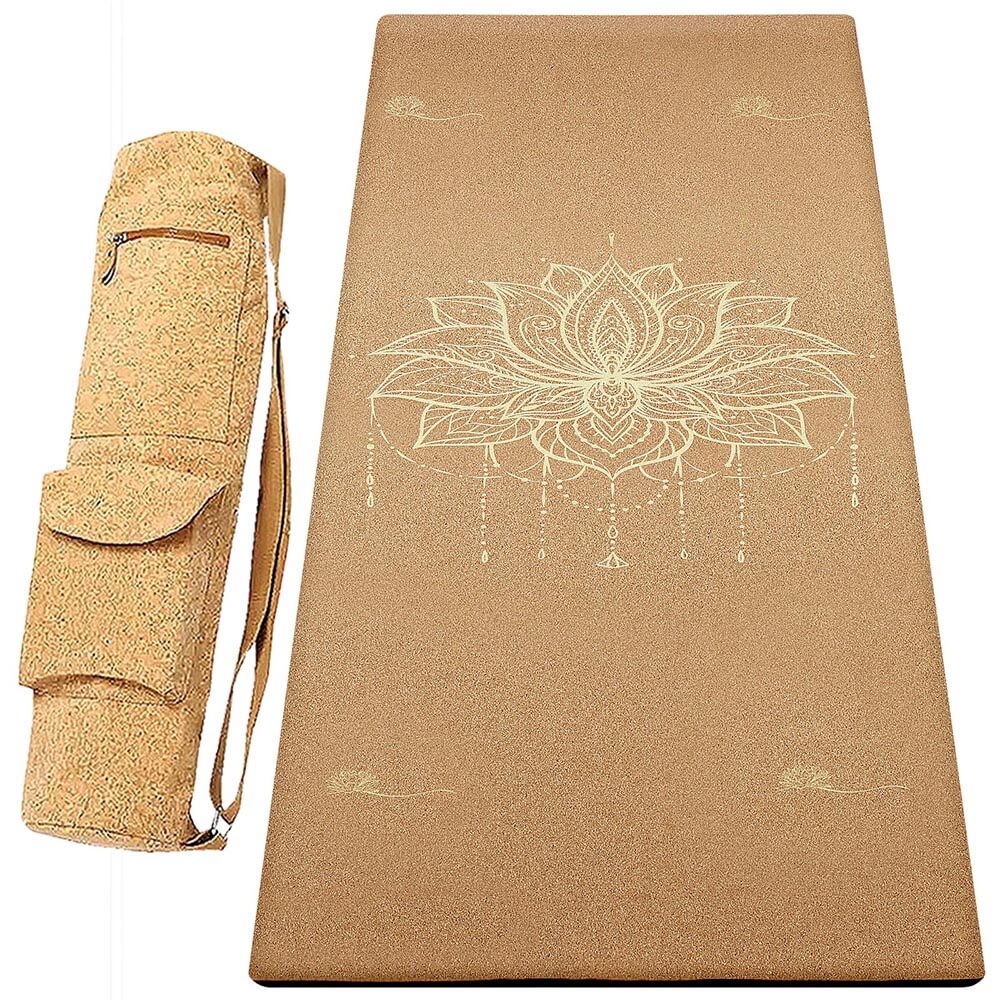 Yoga Luxembourg - Tapis yoga écologique en liège fleur de lotus Or + Sac de yoga en liège | Achamana