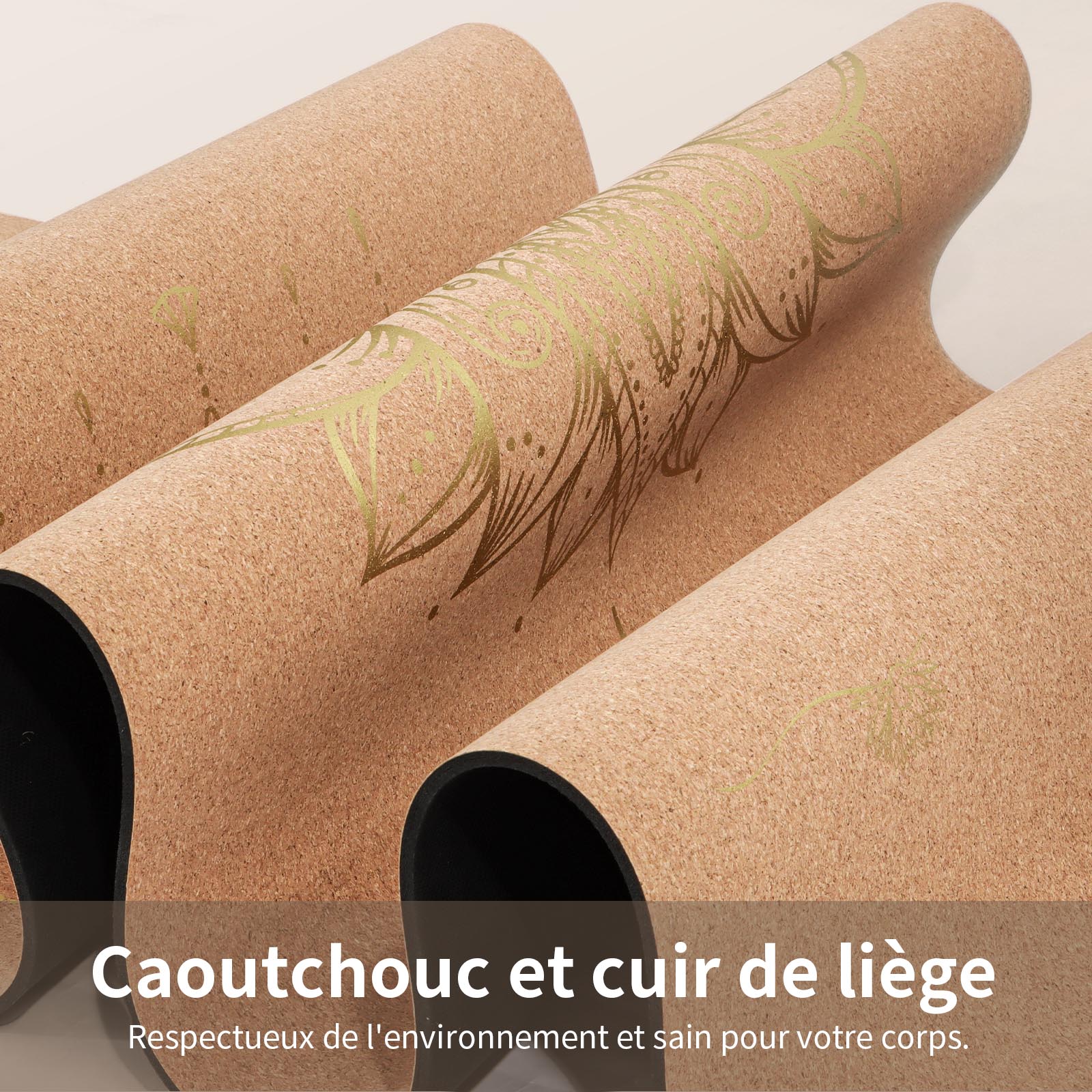 Tapis yoga ecologique antidérapant en liège - design fleur de lotus Or | Achamana