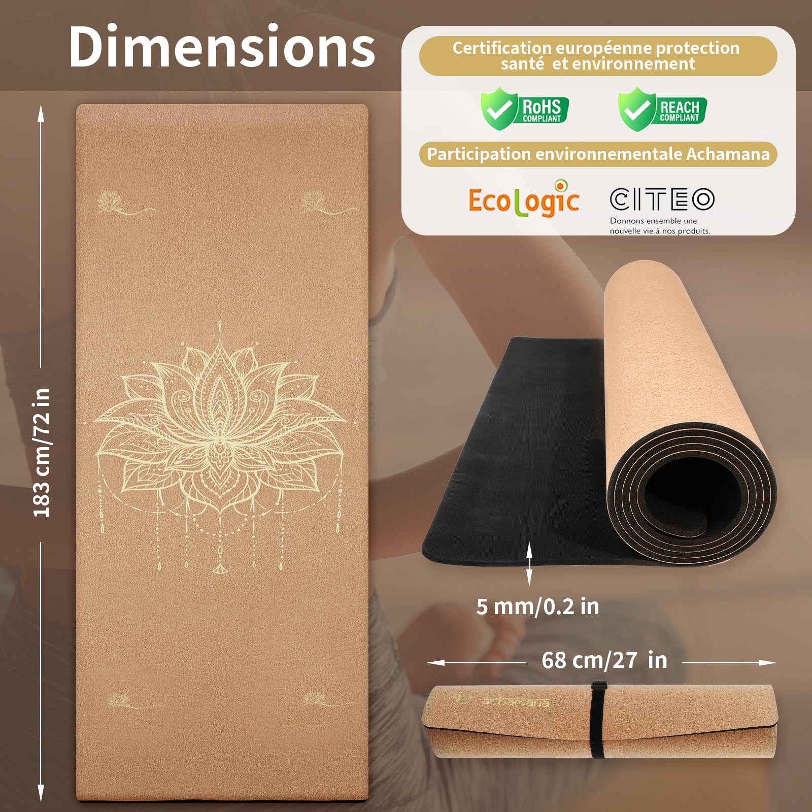 Tapis de yoga caoutchouc naturel et liège antidérapant épaisseur 5 mm | Achamana
