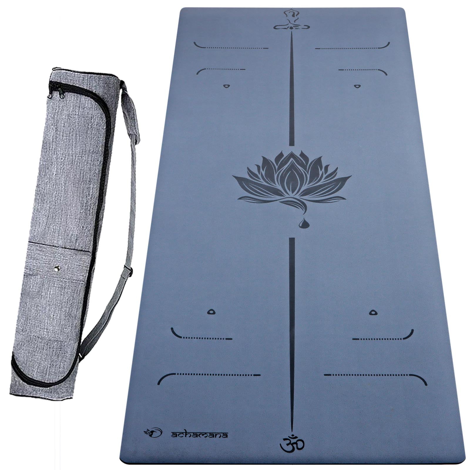 tapis yoga ecologique antidérapant 6mm - design lotus et bodyline couleur bleu - sac transport | Achamana