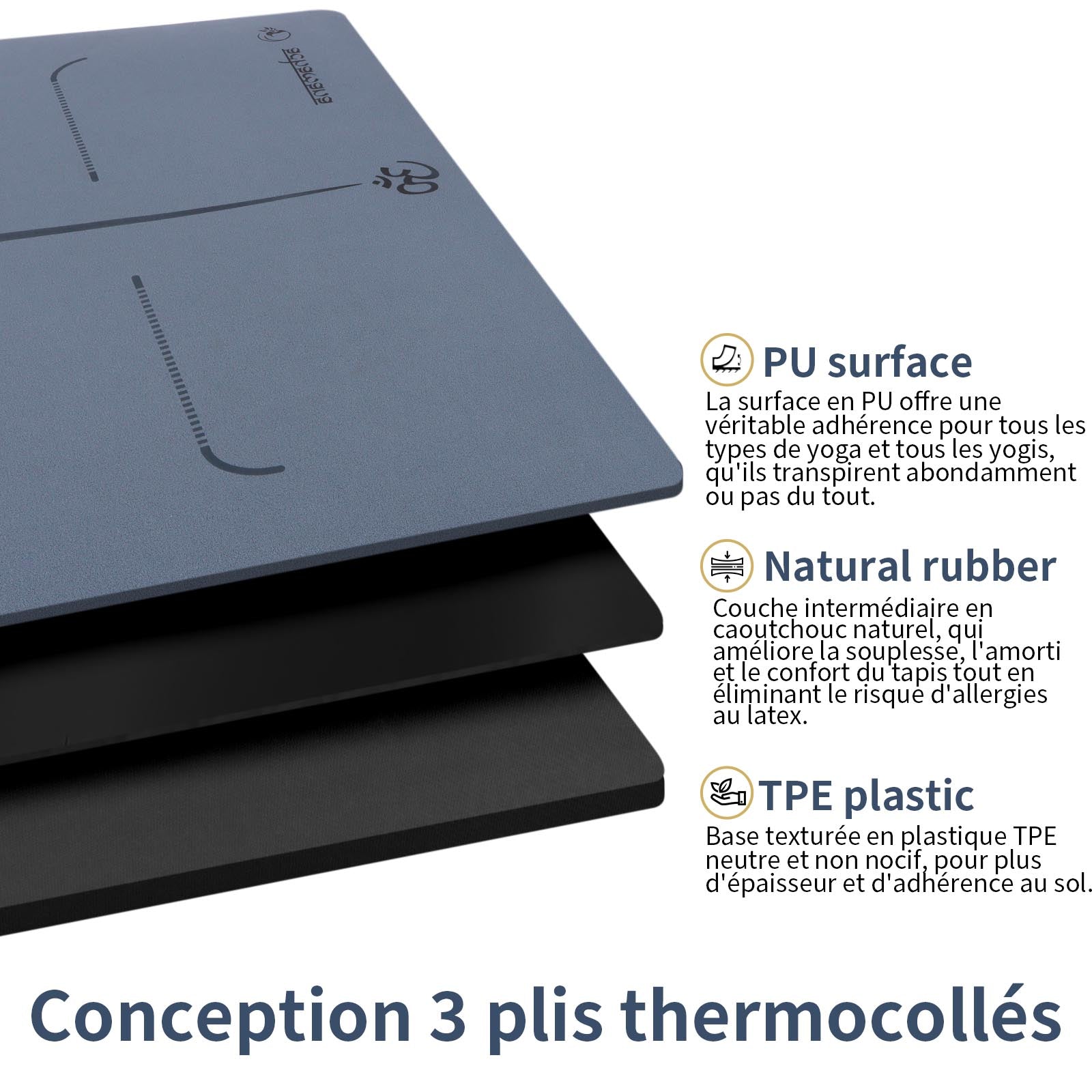Tapis de yoga nouvelle génération - 3 matériaux écologiques assemblé pour plus de confort et sécurité | Achamana
