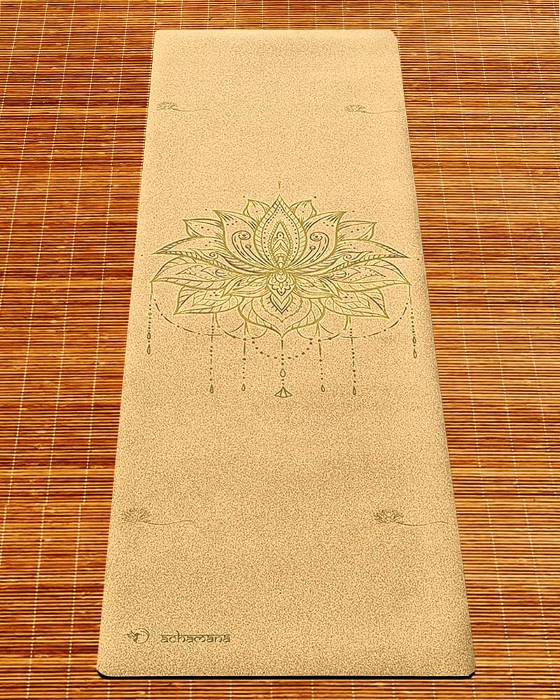 Tapis yoga ecologique antidérapant en liège - design fleur de lotus Or | Achamana