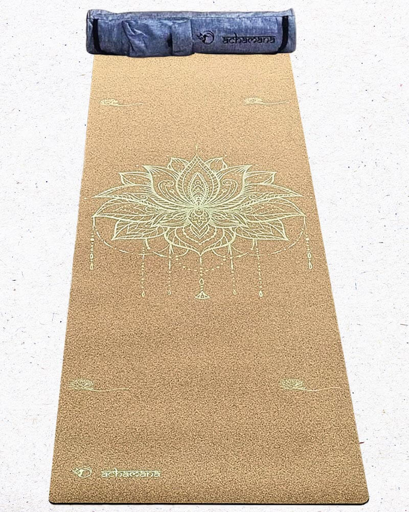 Yoga Toulouse - Tapis de yoga liège antidérapant fleur de lotus Or + Sac en microfibre | Achamana