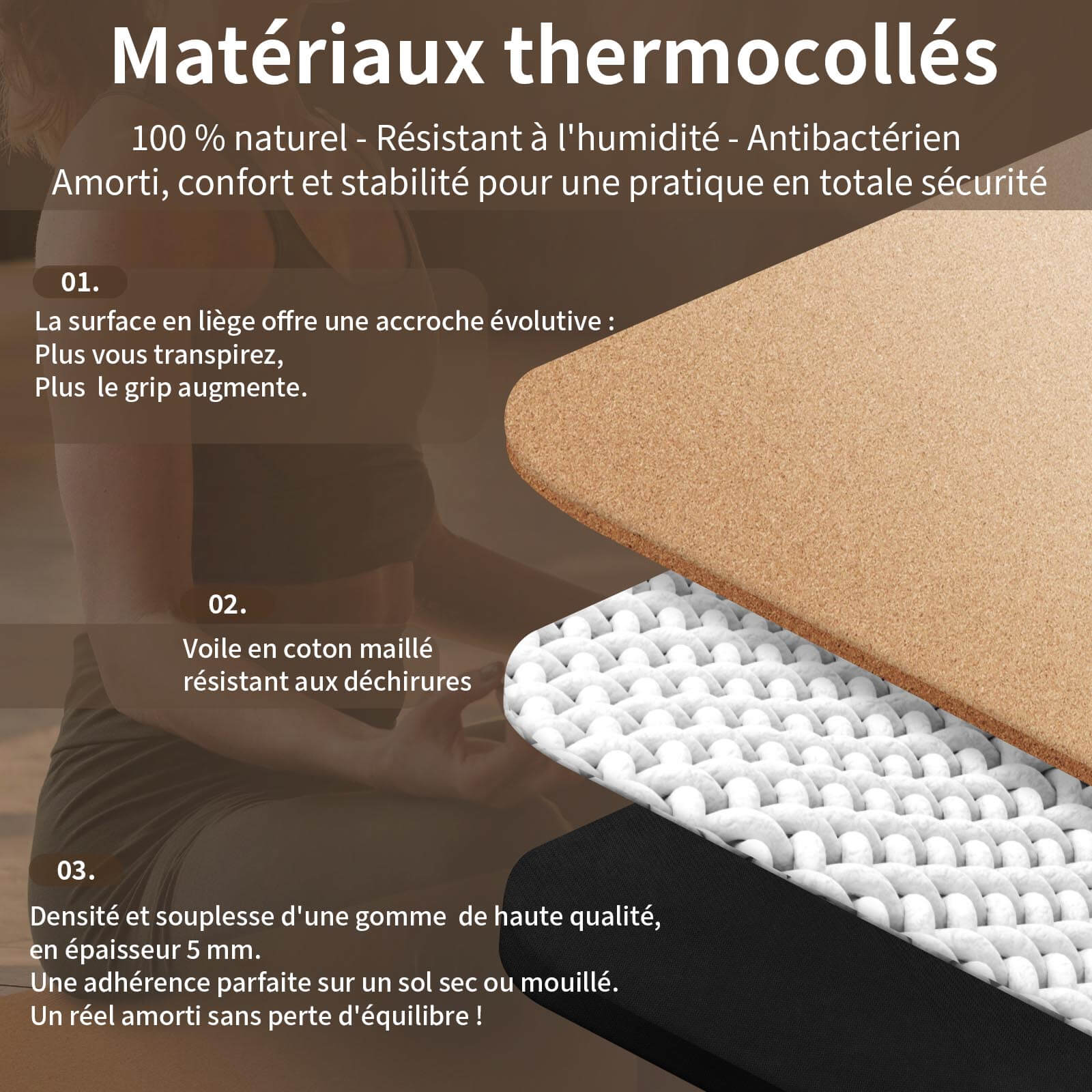 Tapis de yoga  antidérapant en liège et caoutchouc - Achamana