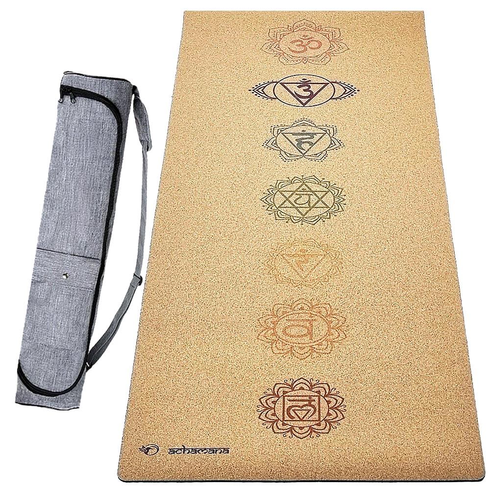 Tapis de yoga en liege naturel avec sac transport - imprimé 7 chakras - boutique yogi | Achamana