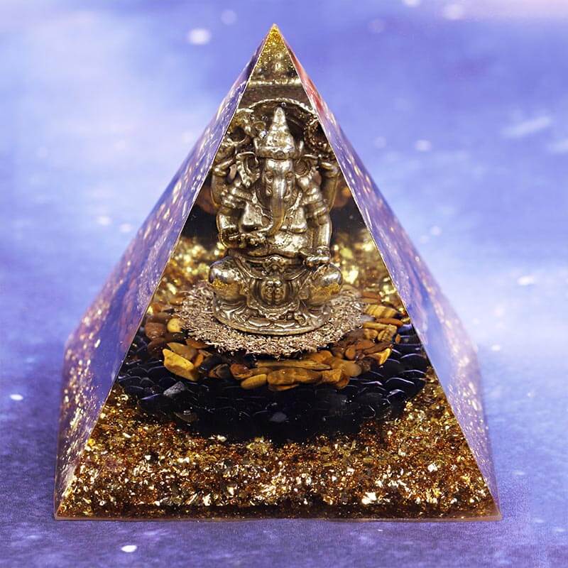 Orgonite pyramide Ganesh - oeil de tigre - obsidienne | Achamana