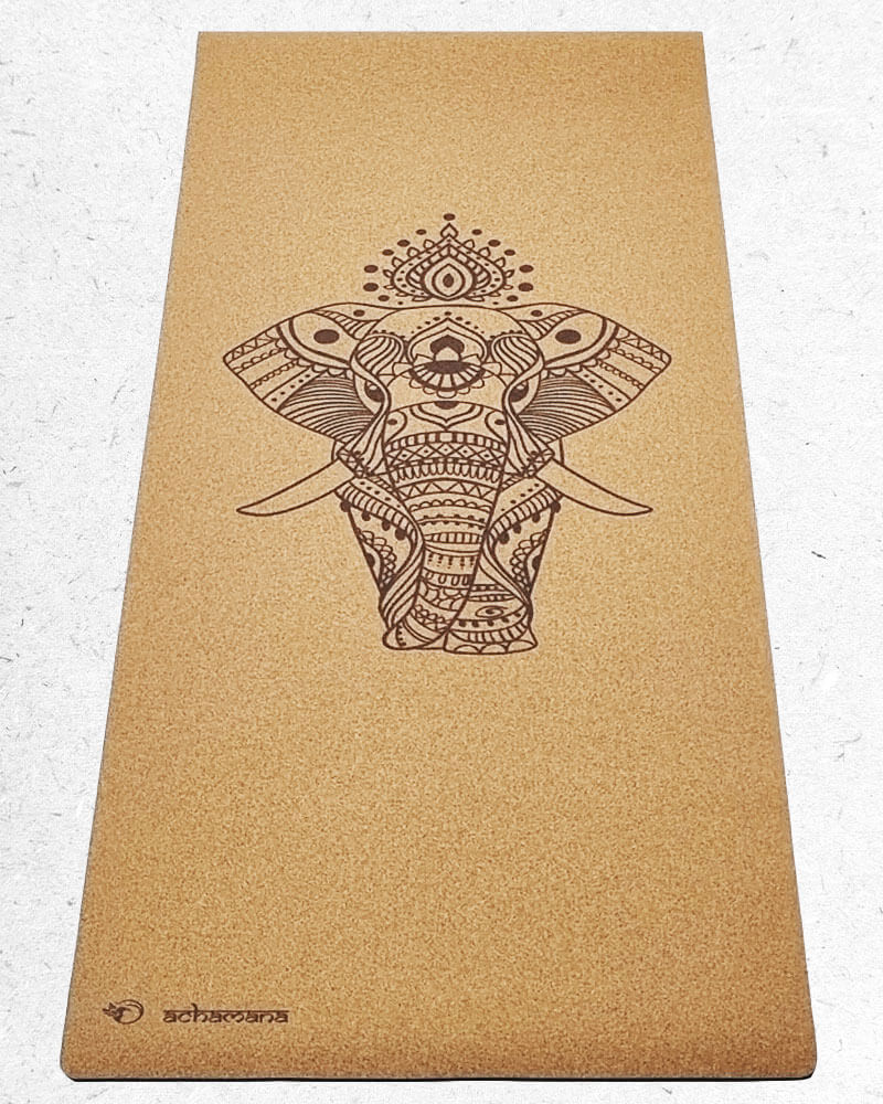 Cadeau yoga - Tapis de yoga liège et caoutchouc naturel - Motif gravé éléphant | Achamana